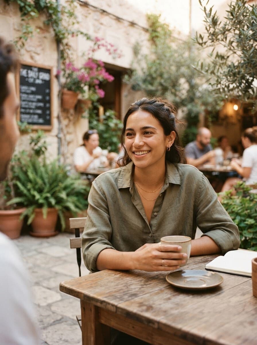 Editorial photograph of a person feeling comfortable and approachable in a relaxed courtyard