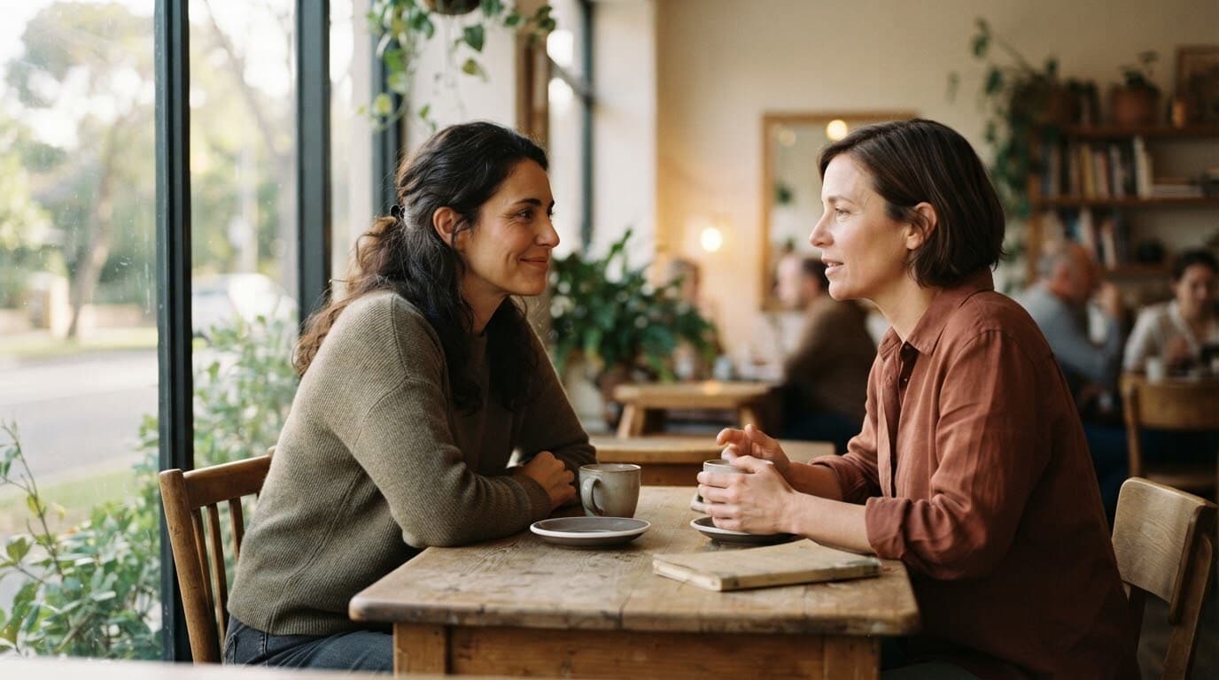 Two people engaged in warm, thoughtful conversation in soft daylight