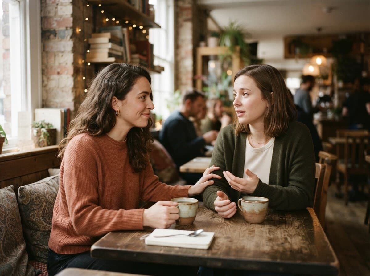 Gentle candid photograph of two people having a deep, empathetic connection and mutual understanding